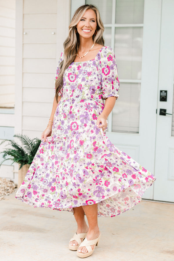 Chic Soul plus size clothing, lavender short sleeve midi dress with pink/lavender floral print with square neckline and puff sleeves