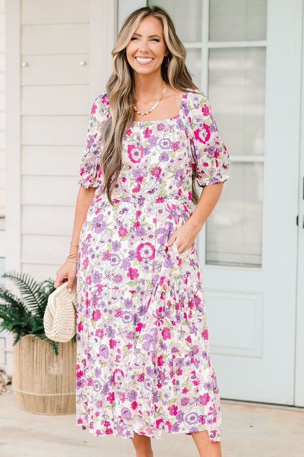 Chic Soul plus size clothing, lavender short sleeve midi dress with pink/lavender floral print with square neckline and puff sleeves