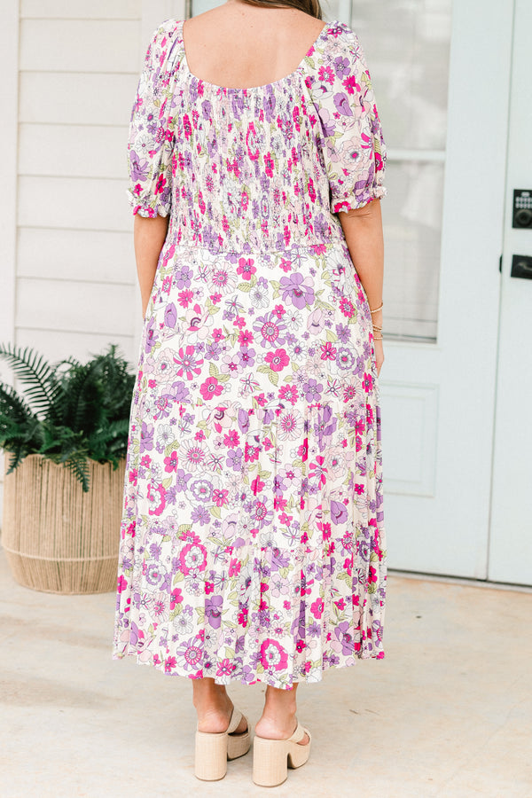Chic Soul plus size clothing, lavender short sleeve midi dress with pink/lavender floral print with square neckline and puff sleeves