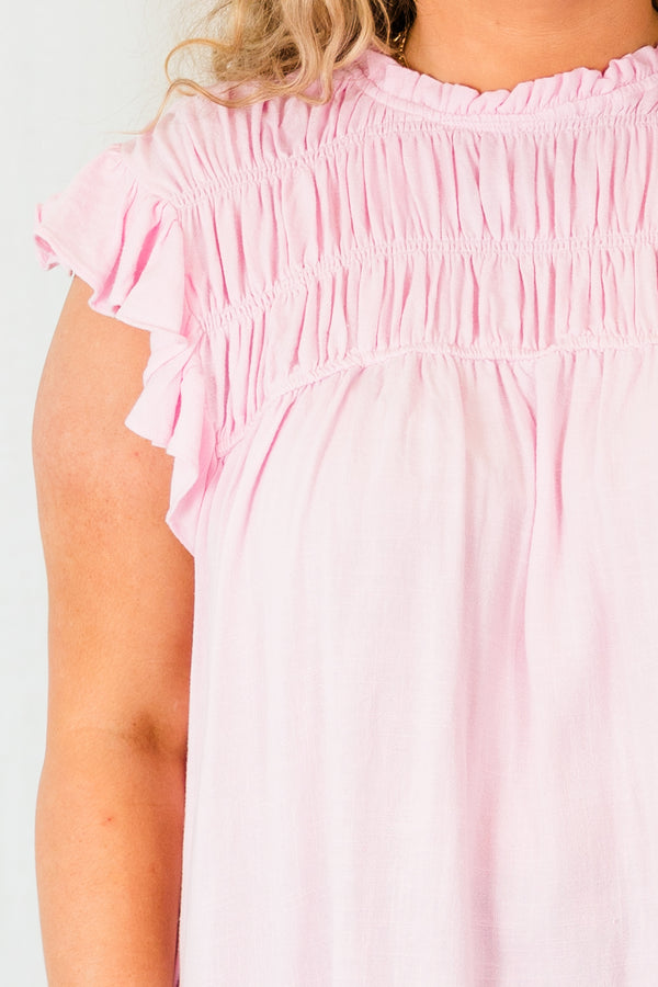Chic Soul plus size clothing, pink short sleeve top with flutter sleeves and ruched chest area with ruffle detail along neckline