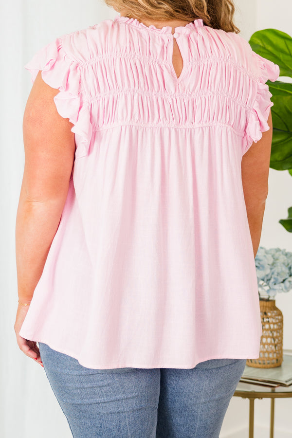 Chic Soul plus size clothing, pink short sleeve top with flutter sleeves and ruched chest area with ruffle detail along neckline