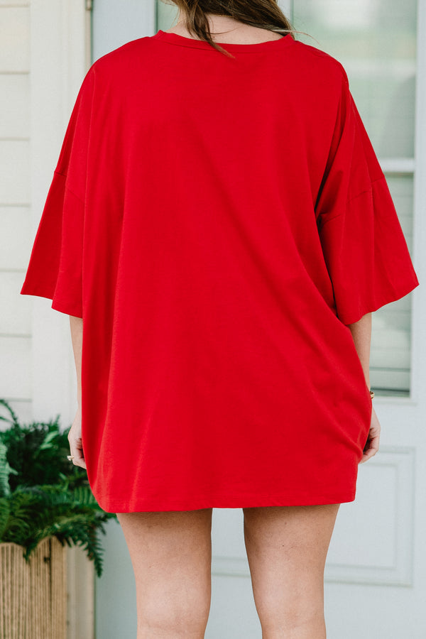 Plus Size oversized red boyfriend tee with white USA lettering and an American flag graphic.