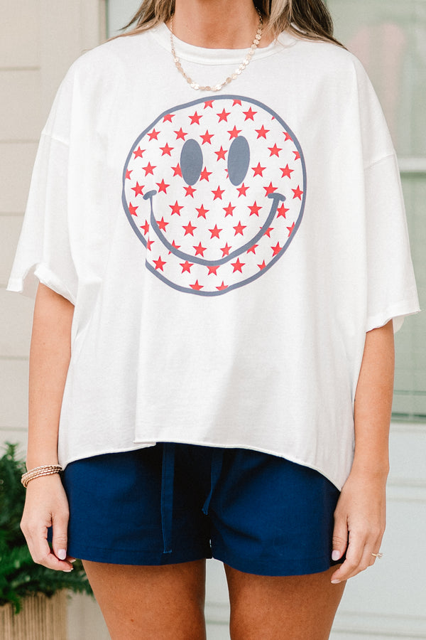 Chic Soul plus size clothing, White short sleeve tee with a smiley face graphic on the center of the shirt that is filled with red stars
