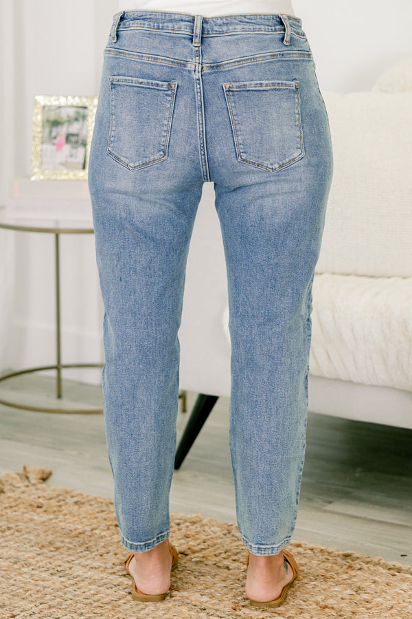 Chic Soul plus size clothing, medium wash straight leg jeans with front pockets 