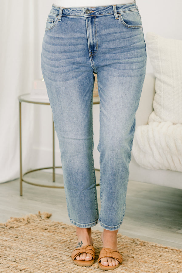 Chic Soul plus size clothing, medium wash straight leg jeans with front pockets 