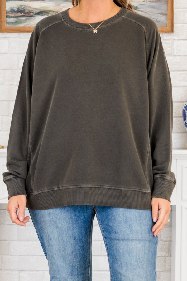 Chic Soul plus size clothing, long-sleeve black pullover with crew-neckline and light grey stitching detailing