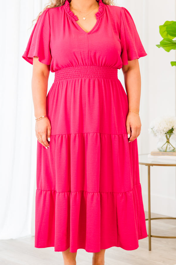 Chic Soul plus size clothing, fuchsia short sleeve midi dress with smocked waist