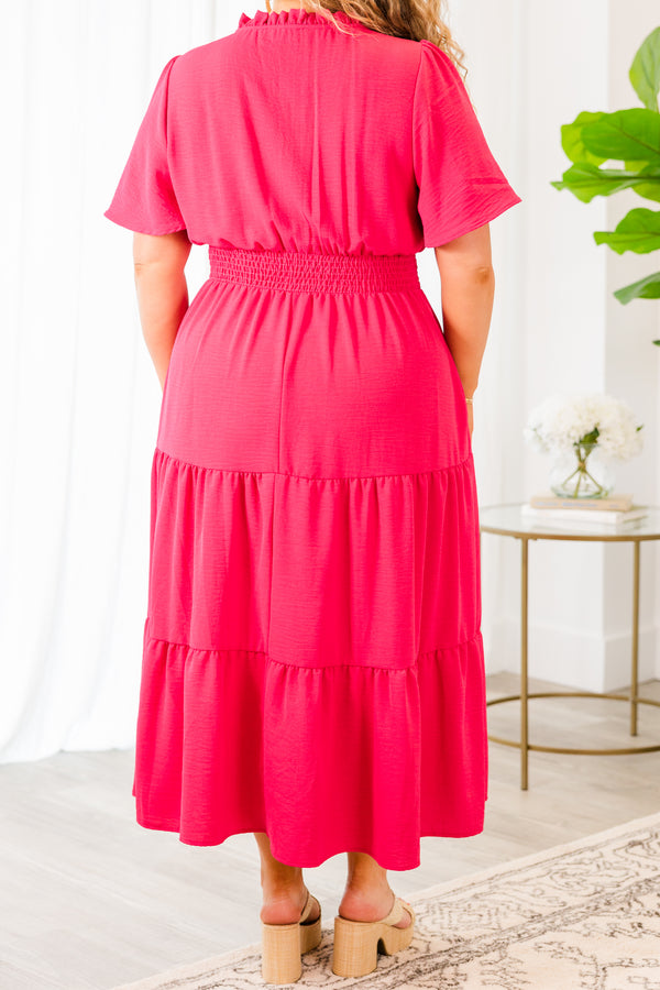 Chic Soul plus size clothing, fuchsia short sleeve midi dress with smocked waist