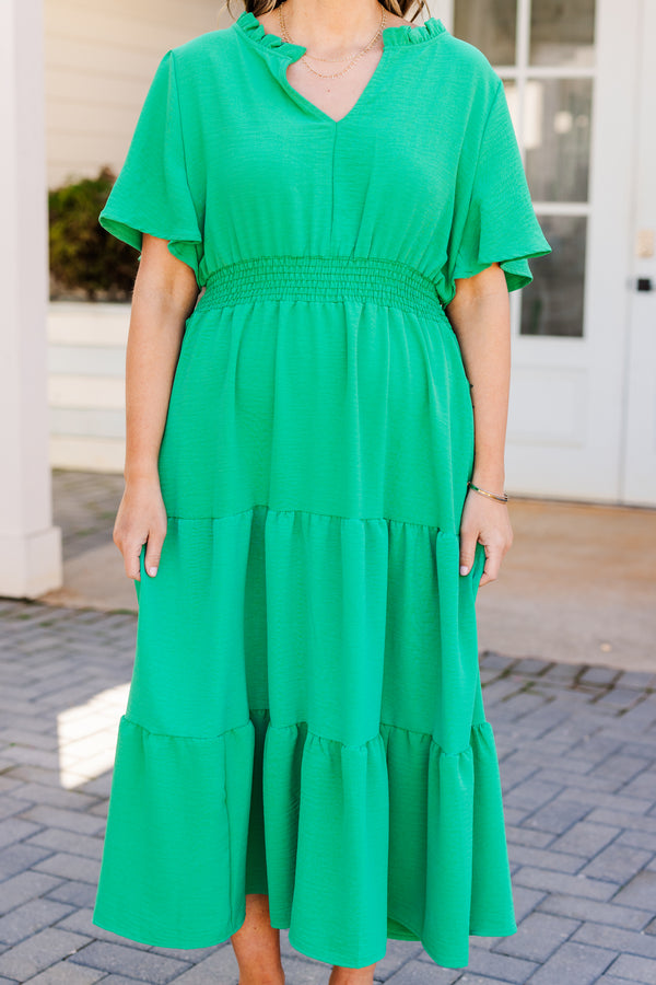 Chic Soul plus size clothing, green tiered flowy midi dress with cinched waistline and ruffle on neckline