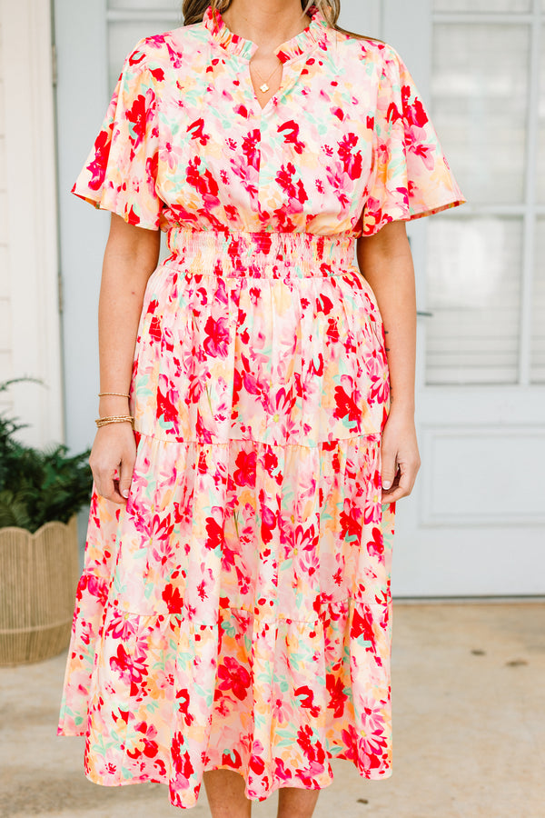 Chic Soul plus size clothing, pink short sleeve tired midi dress with cinched waist detail with v cutout along neckline with puff sleeves and multi floral pattern