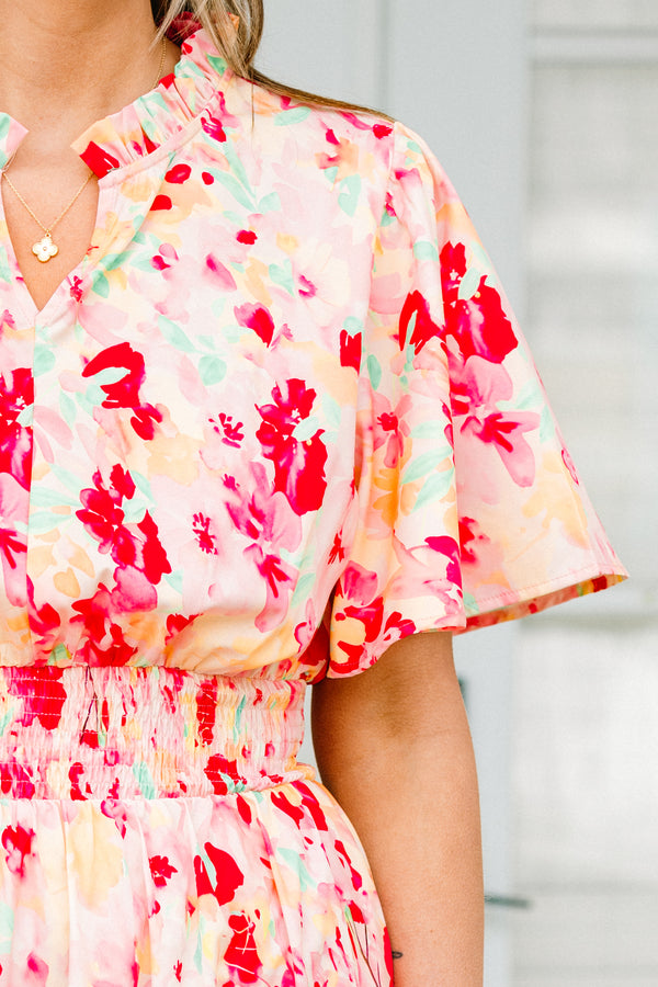 Chic Soul plus size clothing, pink short sleeve tired midi dress with cinched waist detail with v cutout along neckline with puff sleeves and multi floral pattern