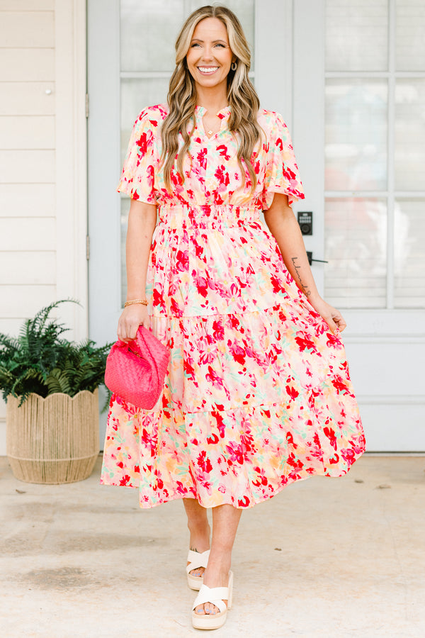 Chic Soul plus size clothing, pink short sleeve tired midi dress with cinched waist detail with v cutout along neckline with puff sleeves and multi floral pattern