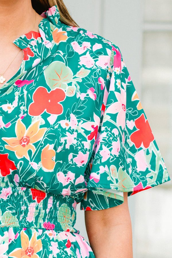 Chic Soul plus size clothing, short-sleeve teal midi dress with a split-v-neckline and a smocked waistline with multi-colored floral detailing