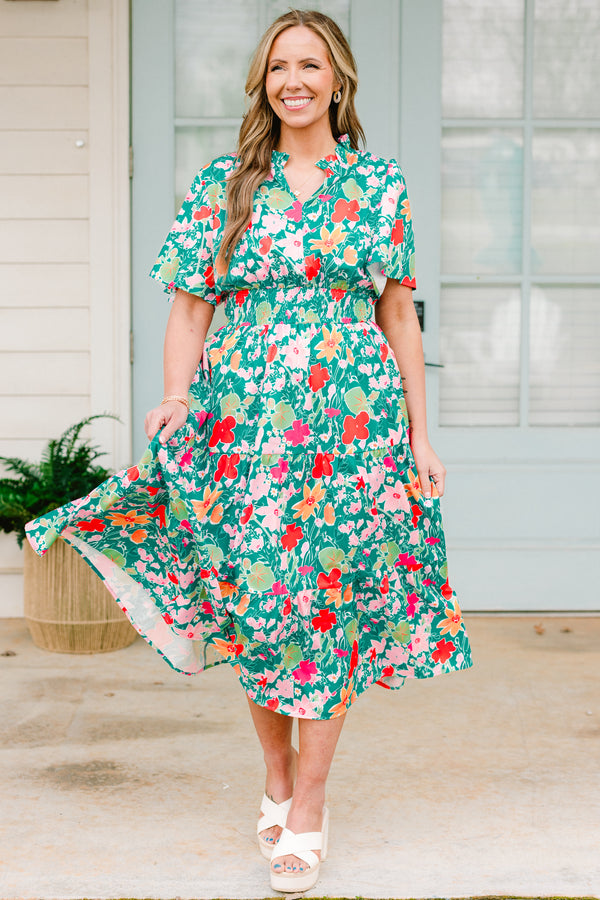 Chic Soul plus size clothing, short-sleeve teal midi dress with a split-v-neckline and a smocked waistline with multi-colored floral detailing