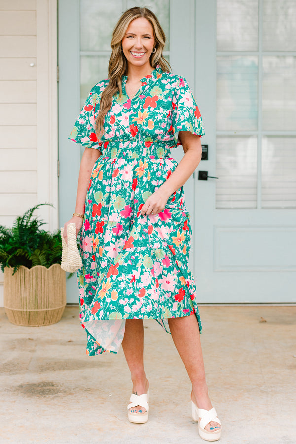 Chic Soul plus size clothing, short-sleeve teal midi dress with a split-v-neckline and a smocked waistline with multi-colored floral detailing