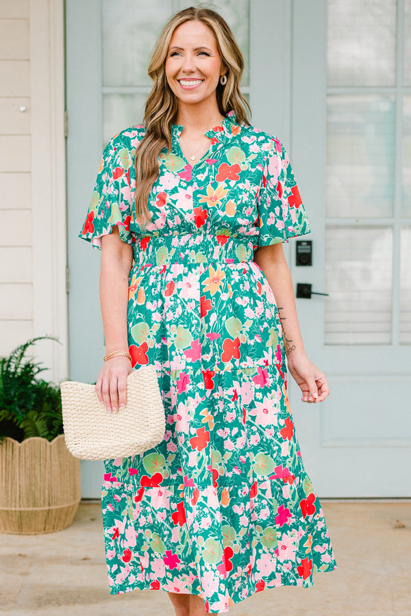 Chic Soul plus size clothing, short-sleeve teal midi dress with a split-v-neckline and a smocked waistline with multi-colored floral detailing