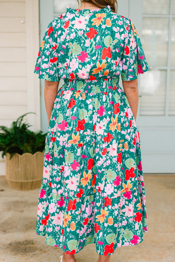 Chic Soul plus size clothing, short-sleeve teal midi dress with a split-v-neckline and a smocked waistline with multi-colored floral detailing