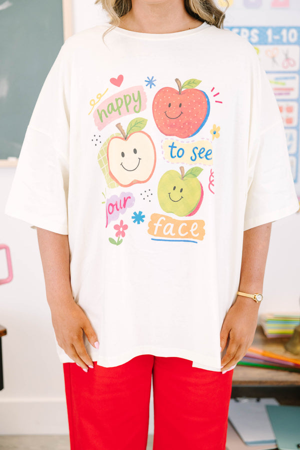 Plus size ivory oversized boyfriend tee with colorful apple graphics 