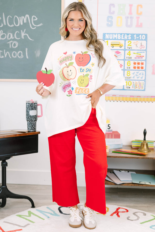Plus size ivory oversized boyfriend tee with colorful apple graphics 