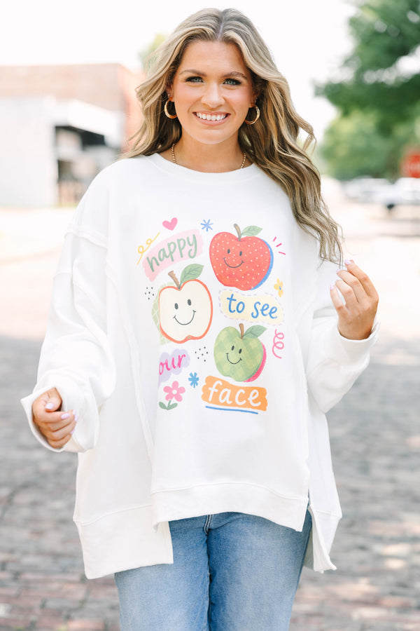 Plus size ivory comfy crew neck sweatshirt with apple graphic with 'Happy To See Your Face' saying 