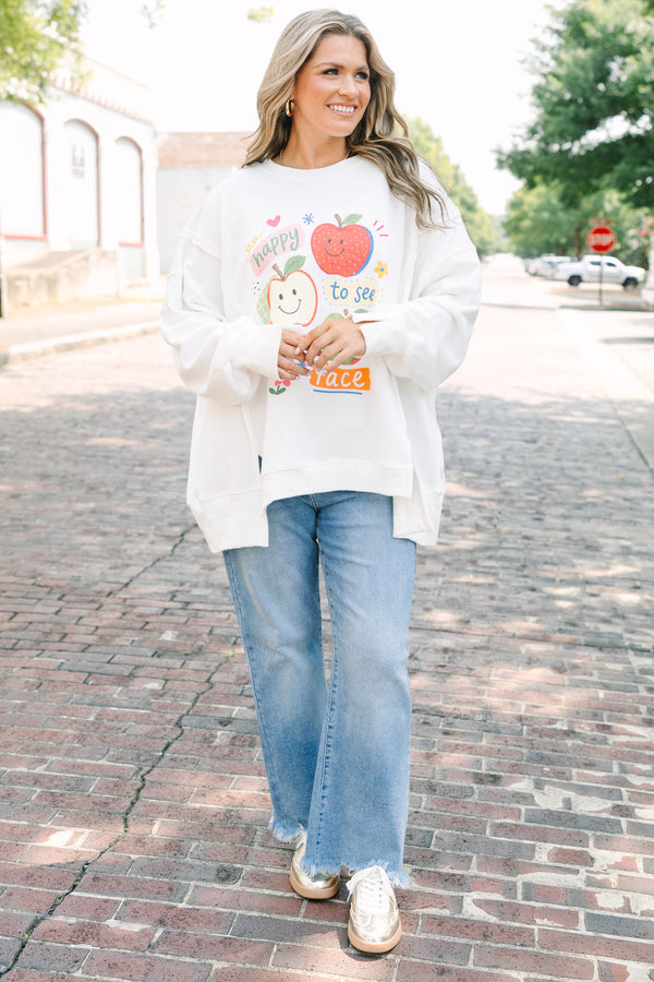 Plus size ivory comfy crew neck sweatshirt with apple graphic with 'Happy To See Your Face' saying 