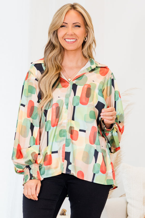 Chic Soul plus size clothing, orange multi abstract design long sleeve button up top with collar detail and smocked cuff sleeves