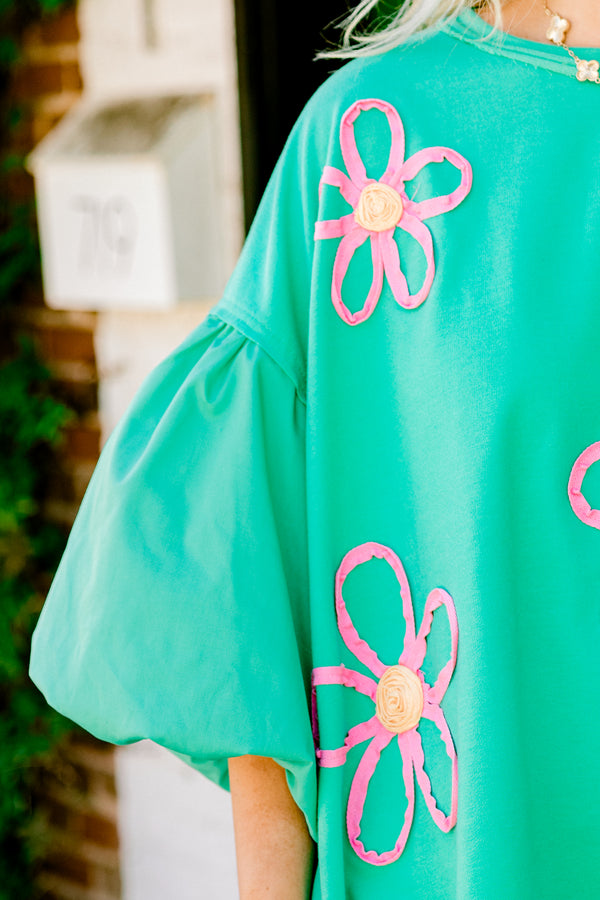 Chic Soul plus size clothing, green short sleeve top with round neckline with puff sleeves with raised textured pink flower design