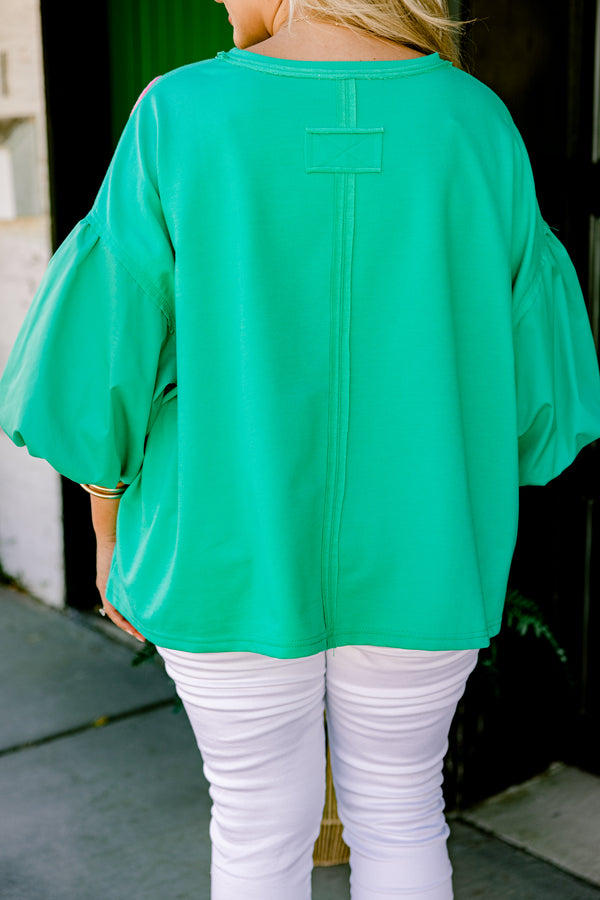 Chic Soul plus size clothing, green short sleeve top with round neckline with puff sleeves with raised textured pink flower design