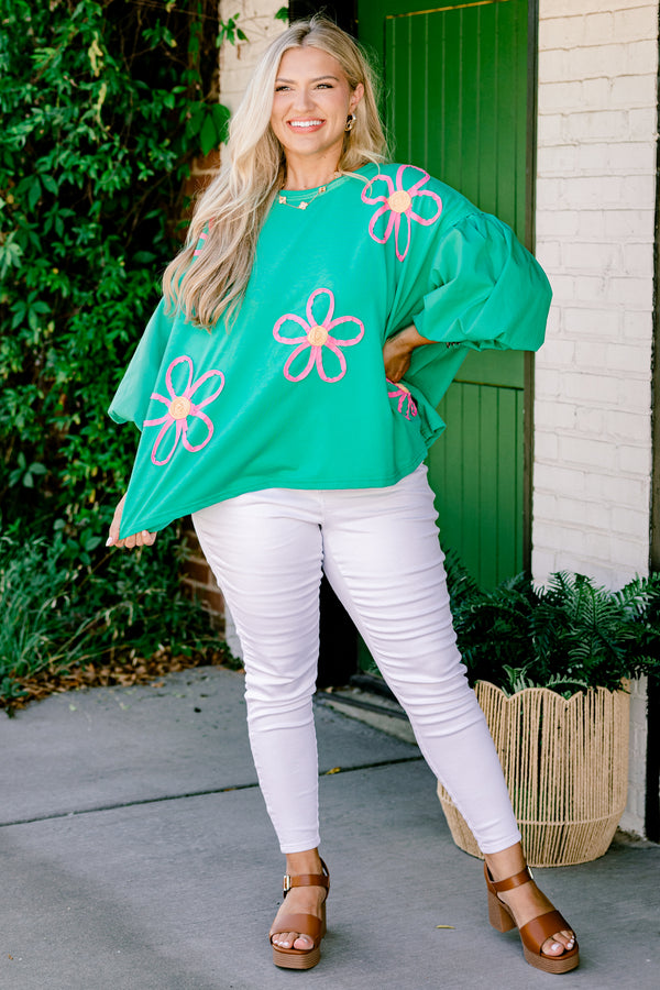 Chic Soul plus size clothing, green short sleeve top with round neckline with puff sleeves with raised textured pink flower design