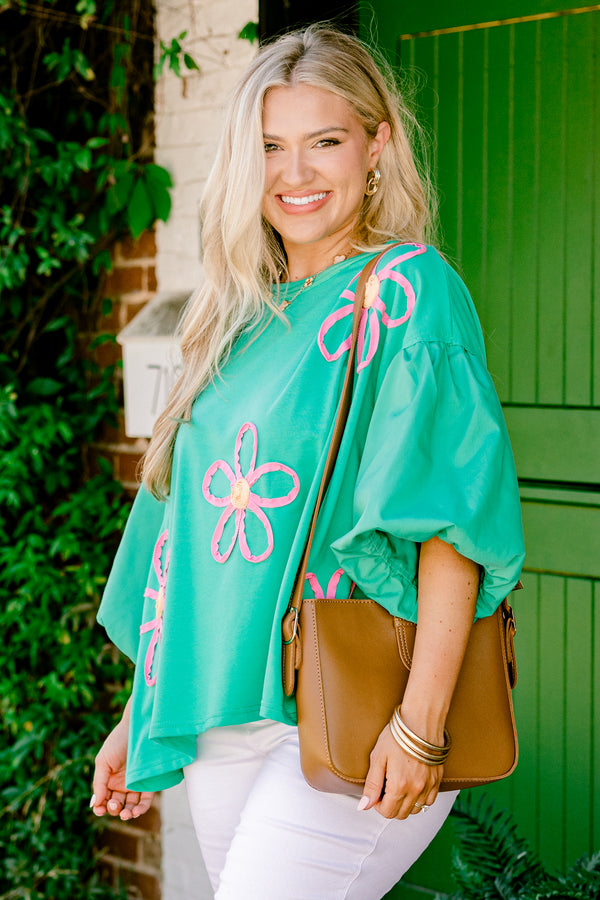 Chic Soul plus size clothing, green short sleeve top with round neckline with puff sleeves with raised textured pink flower design