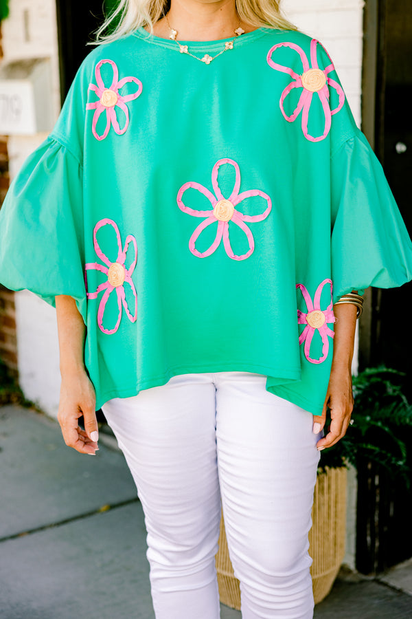 Chic Soul plus size clothing, green short sleeve top with round neckline with puff sleeves with raised textured pink flower design