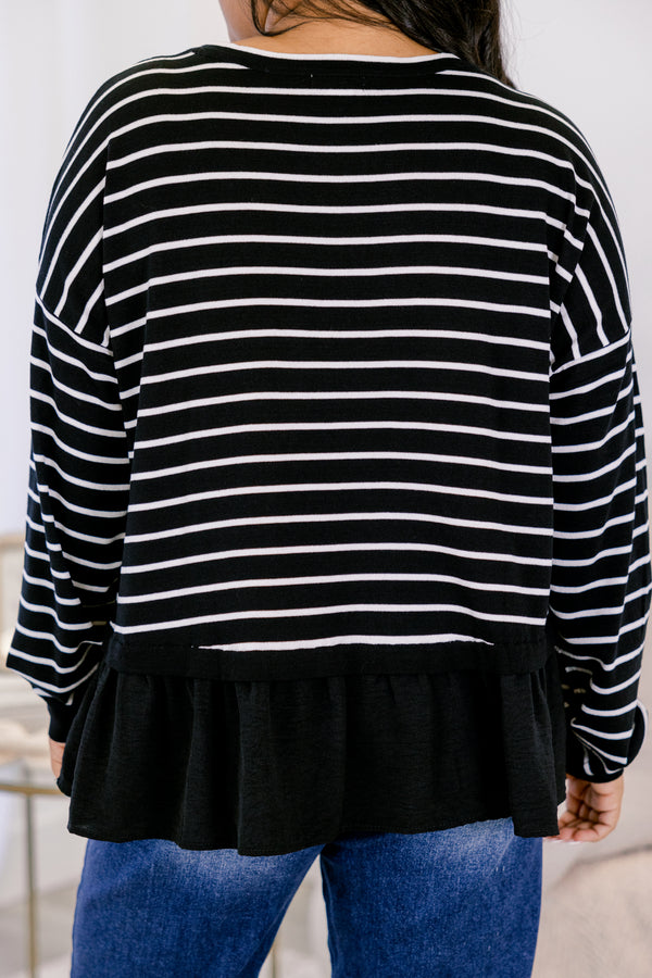 Chic Soul plus size clothing, black long sleeve crew neck top with thin white horizontal stripes and a ruffle hem
