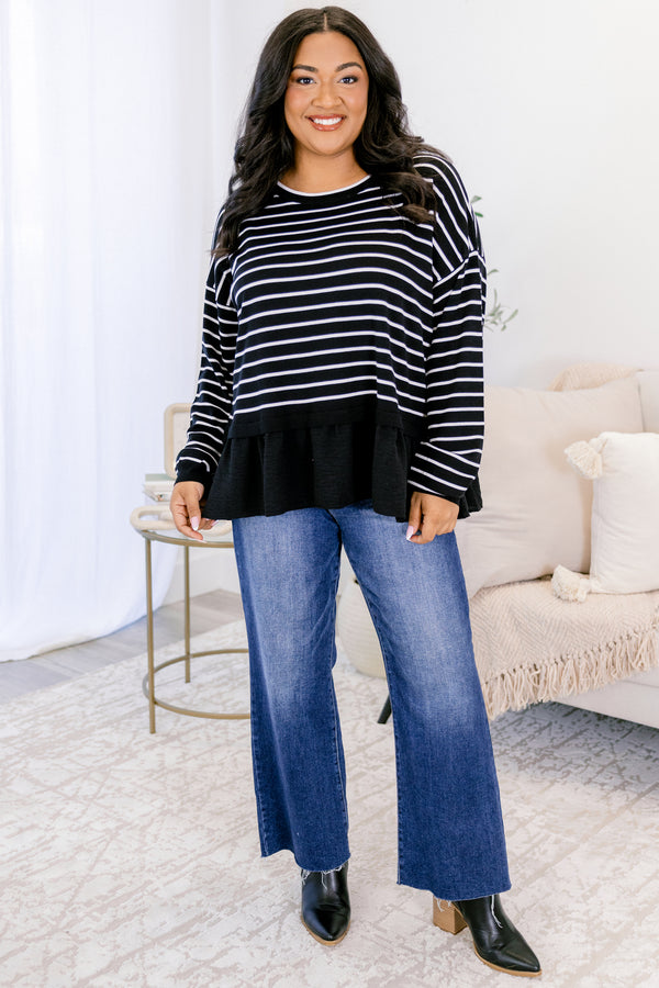 Chic Soul plus size clothing, black long sleeve crew neck top with thin white horizontal stripes and a ruffle hem
