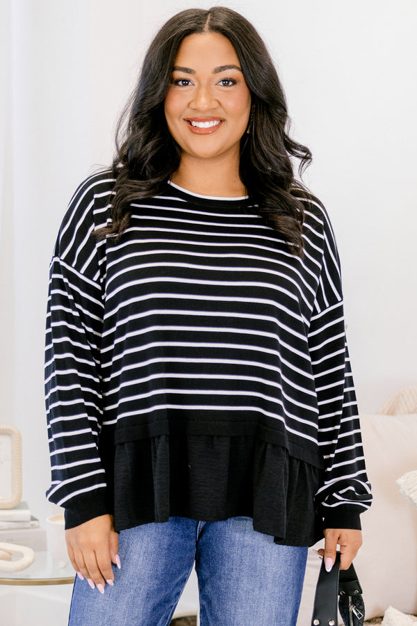 Chic Soul plus size clothing, black long sleeve crew neck top with thin white horizontal stripes and a ruffle hem