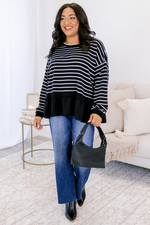 Chic Soul plus size clothing, black long sleeve crew neck top with thin white horizontal stripes and a ruffle hem