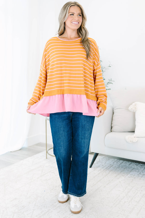 Chic Soul plus size clothing, brown long sleeve top with thin light pink horizontal stripes and a light pink ruffle hem