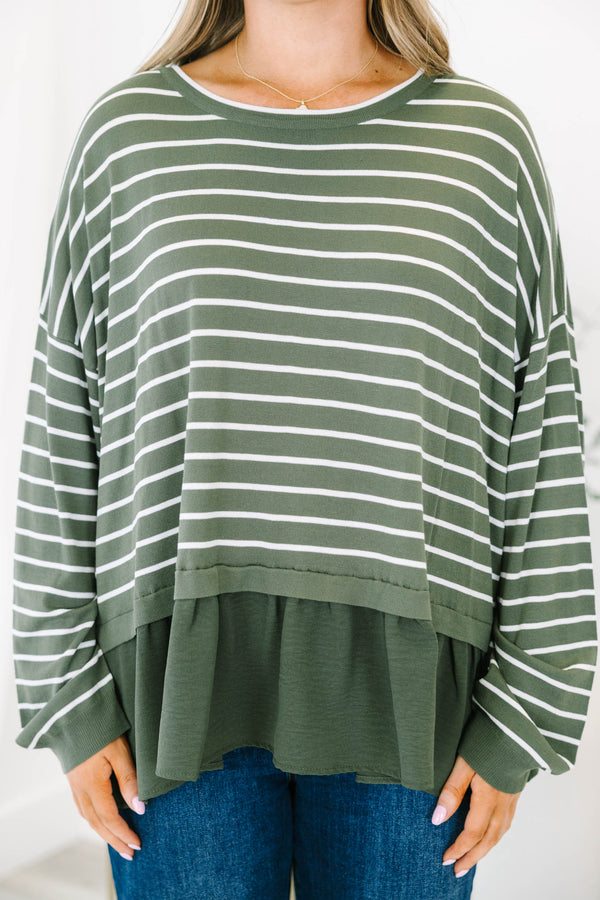 Chic Soul plus size clothing, olive green long sleeve top with white thin horizontal stripes and ruffle hem
