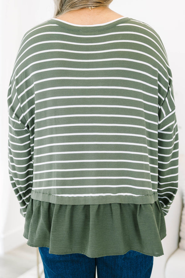 Chic Soul plus size clothing, olive green long sleeve top with white thin horizontal stripes and ruffle hem