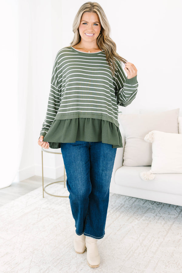 Chic Soul plus size clothing, olive green long sleeve top with white thin horizontal stripes and ruffle hem