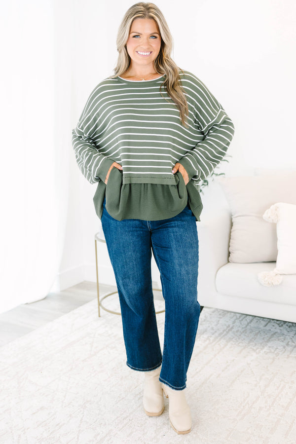 Chic Soul plus size clothing, olive green long sleeve top with white thin horizontal stripes and ruffle hem