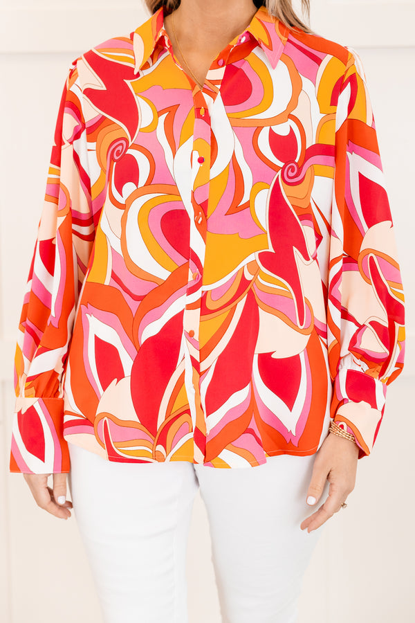 Chic Soul plus size clothing, long-sleeve red buttoned collared top with a groovy orange and white swirly abstract pattern 