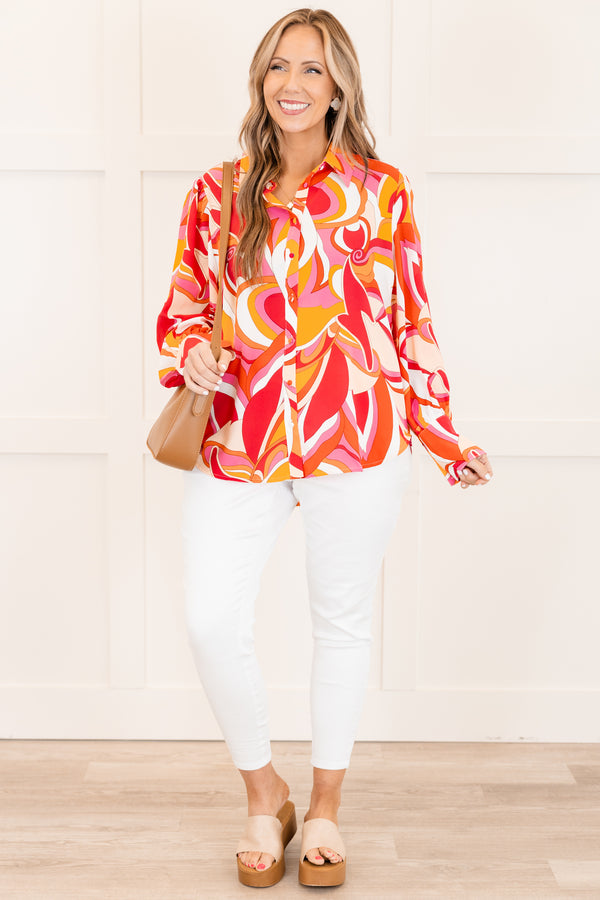 Chic Soul plus size clothing, long-sleeve red buttoned collared top with a groovy orange and white swirly abstract pattern 