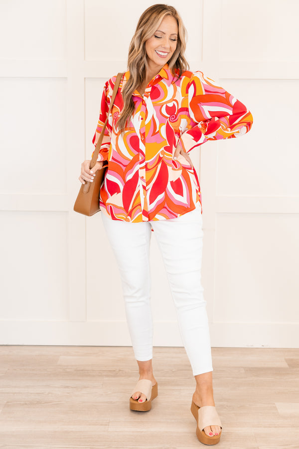 Chic Soul plus size clothing, long-sleeve red buttoned collared top with a groovy orange and white swirly abstract pattern 