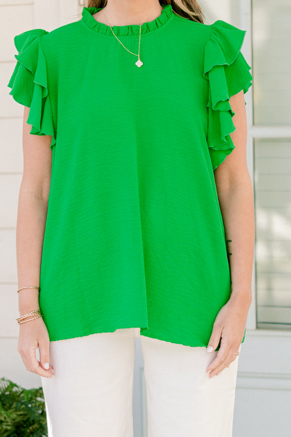 Chic soul plus size clothing, Green casual short sleeve top with a ruffle high neck and flutter sleeves 
