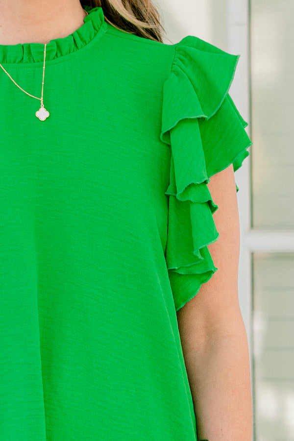 Chic soul plus size clothing, Green casual short sleeve top with a ruffle high neck and flutter sleeves 
