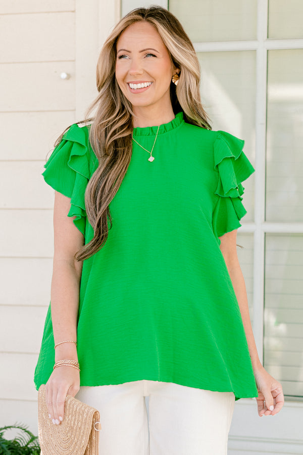 Chic soul plus size clothing, Green casual short sleeve top with a ruffle high neck and flutter sleeves 
