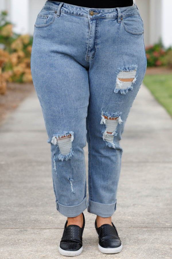 Chic Soul plus size clothing, lightwash full length denim jeans with distressed rip detailing