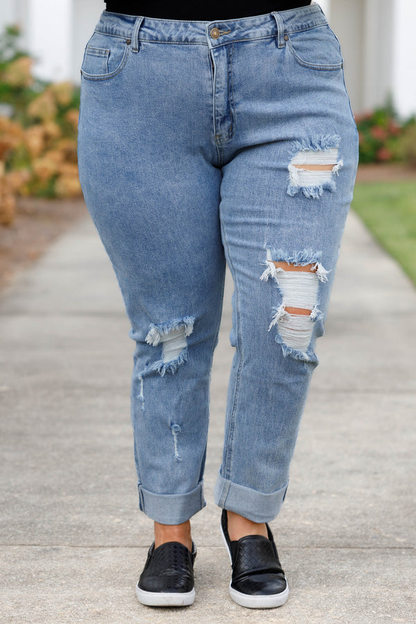 Chic Soul plus size clothing, lightwash full length denim jeans with distressed rip detailing