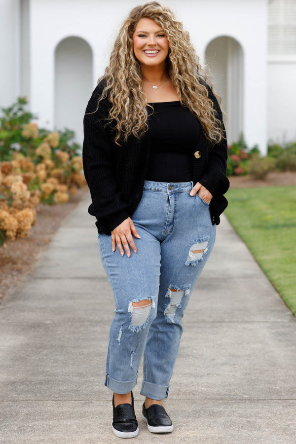 Chic Soul plus size clothing, lightwash full length denim jeans with distressed rip detailing