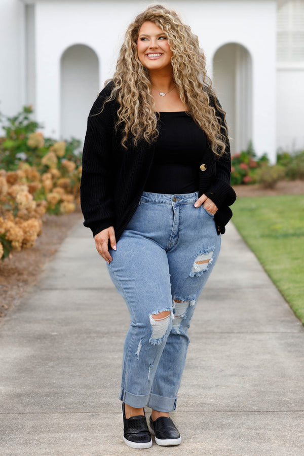 Chic Soul plus size clothing, lightwash full length denim jeans with distressed rip detailing